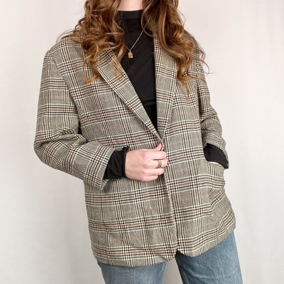 Vintage Oversized Houndstooth Plaid Wool Knit Blazer Jacket Coat Preppy Academia - Picture 2 of 8